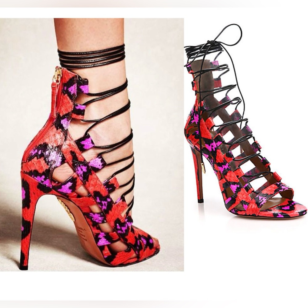 Aquazzura Amazon strappy snakeskin sandals red pink elaphe snakeskin Sz 36.5